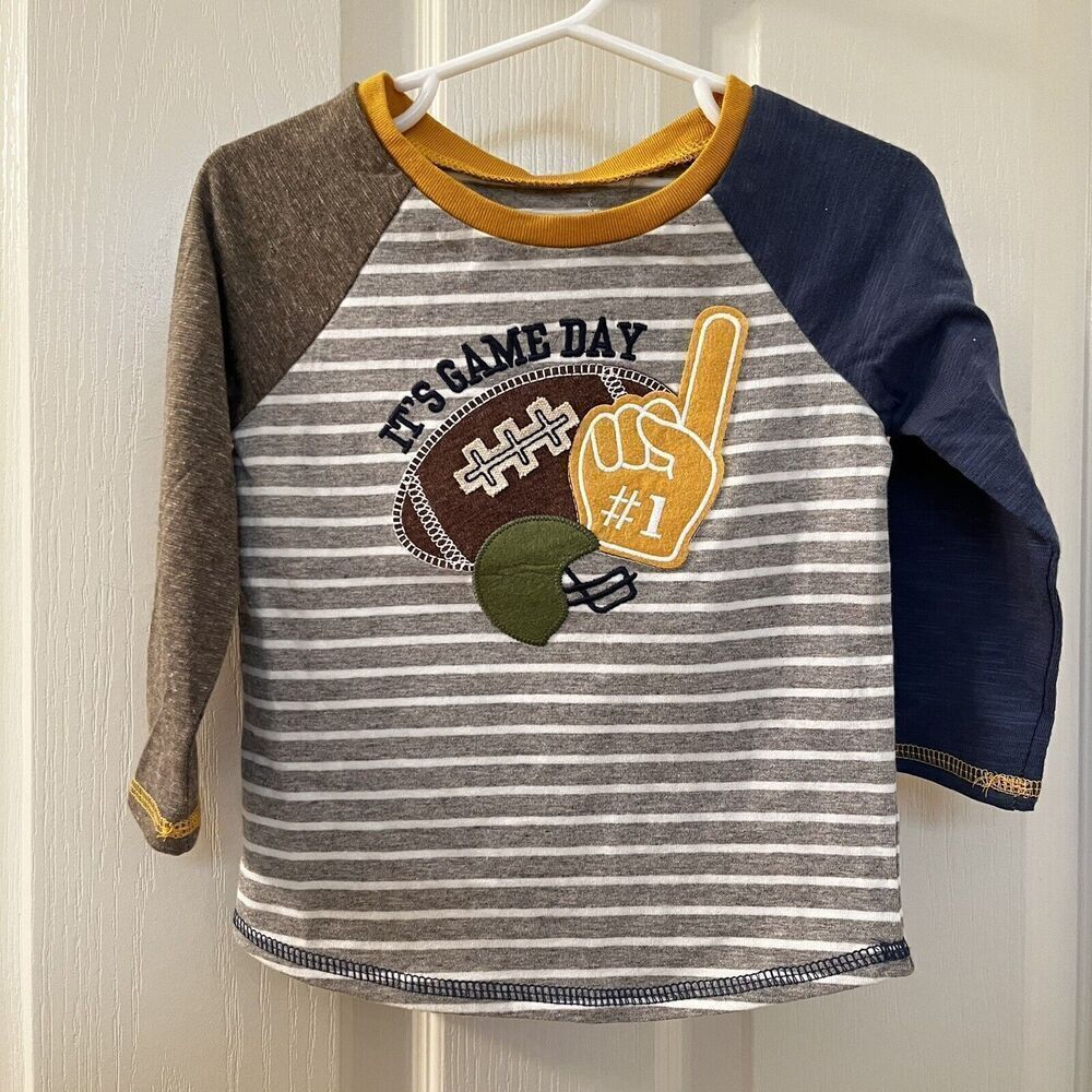Mud Pie Game Day Football Applique Tee Long Sleeve Boys Size S 12-18 Months NWT